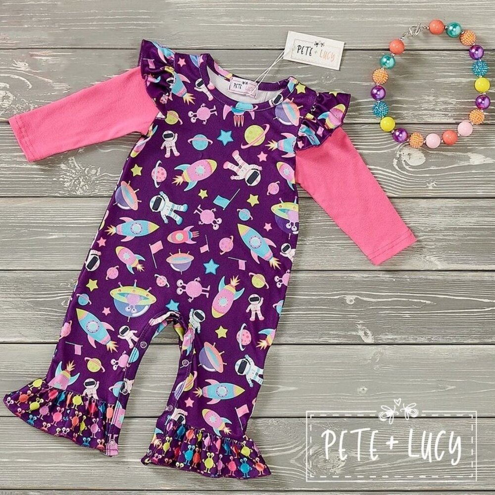 Pete + Lucy Romper 0-3 m Colorful Space Purple Planets Ruffles Girls Baby NEW